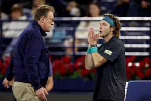 Andrey Rublev is dismissed by the court supervisor after shouting at a line judge while playing Alexander Bublik of Kazakhstan in their semifinal match during the Dubai Duty Free Tennis Championships at Dubai Duty Free Tennis Stadium on March 01, 2024 in Dubai, United Arab Emirates.