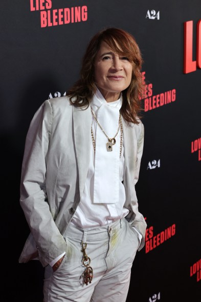 Anne Ramsay in a white suit at the Los Angeles premiere of A24's "Love Lies Bleeding" at Fine Arts Theatre on March 05, 2024.