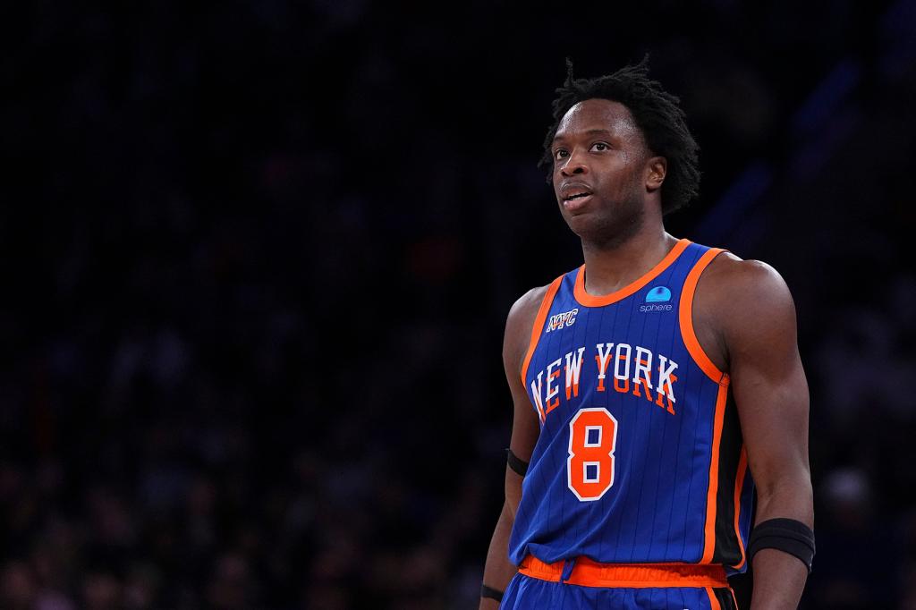 OG Anunoby #8 of the New York Knicks looks on against the Miami Heat at Madison Square Garden on January 27, 2024 in New York City. 