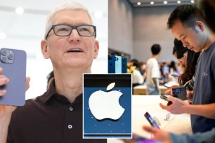 Apple CEO Tim Cook, iPhones and Apple logo