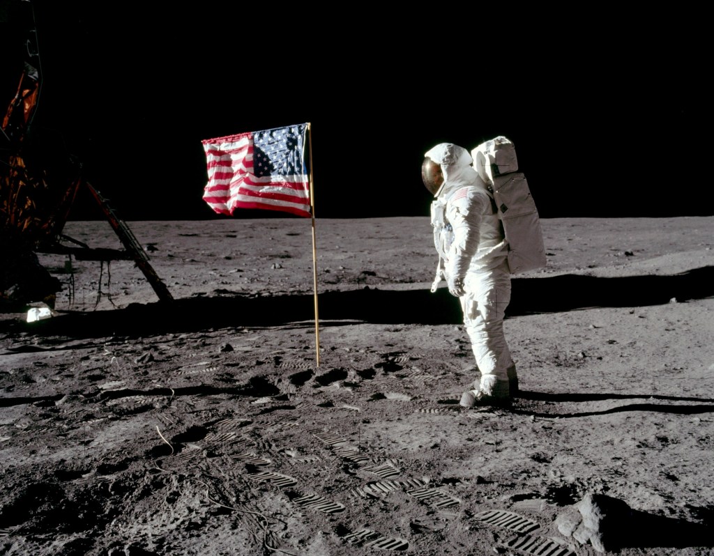 Astronaut Buzz Aldrin walks on the moon on July 20, 1969