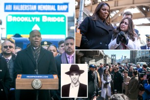 Collage of Mayor Eric Adams, people gathered by the Brooklyn Bridge, Letitia James and a photo of Ari Halberstam