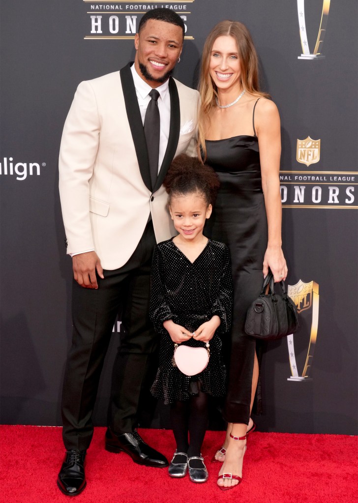 Saquon Barkley and Anna Congdon with their daughter, Jada, in February 2024.