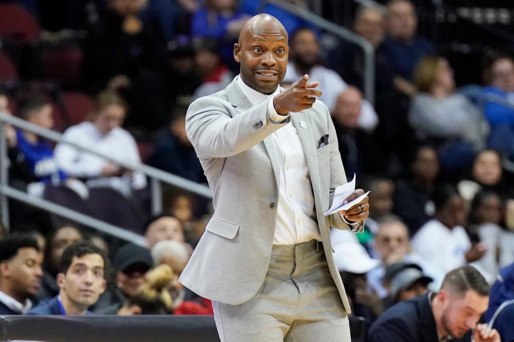 Head coach Bashir Mason of the St. Peter's Peacocks during the game against the Seton Hall Pirates at Prudential Center on November 6, 2023 in Newark, NJ. 
