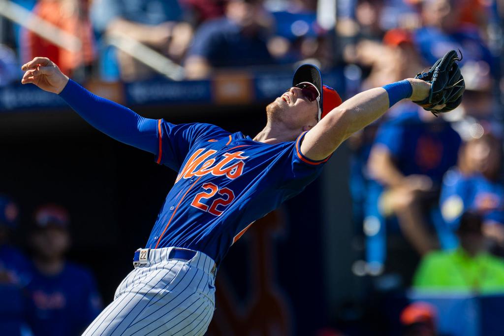 New York Mets third baseman Brett Baty catches a foul pop in the third inning against the St. Louis Cardinals during Spring Training at Clover Park, Saturday, Feb. 24, 2024, in Port St. Lucie, FL. 