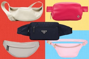Five different belt bags on a multicolored background.