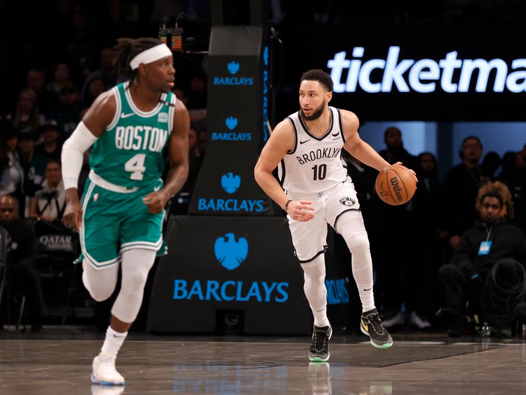 Ben Simmons #10 of the Brooklyn Nets drives down court during the first Half.