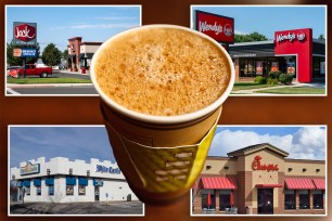 The best coffee from fast food chains ranked by the experts" - a cup of coffee with foam on top from a fast food chain.