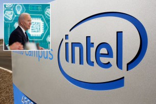 Intel sign and President Biden