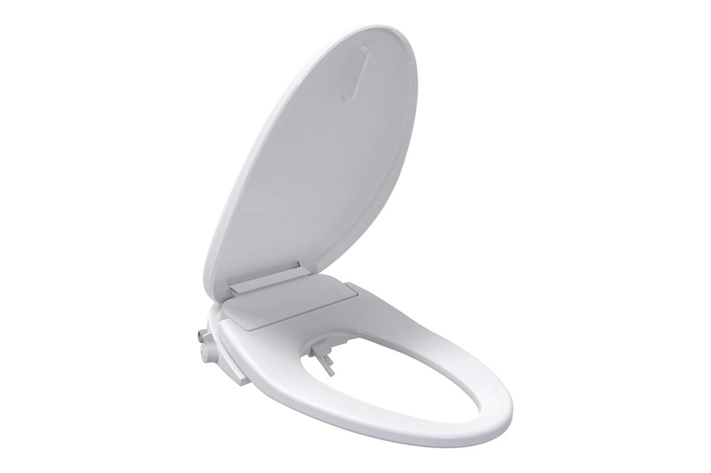 A white toilet seat with the lid up