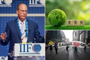 BlackRock CEO Larry Fink, ESG illustration and climate protesters