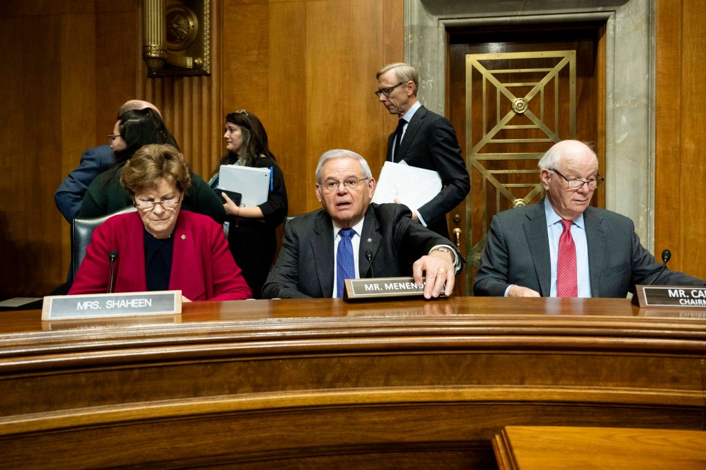 February 28, 2024, Washington, District Of Columbia, USA: U.S. Senators JEANNE SHAHEEN (D-NH), BOB MENENDEZ (D-NJ) and BEN CARDIN (D-MD) at a hearing of the Senate Foreign Relations Committee at the U.S. Capitol. (Credit Image: © Michael Brochstein/ZUMA Press Wire)