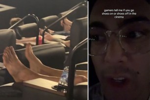 A couple's bare feet resting on a movie theater seat