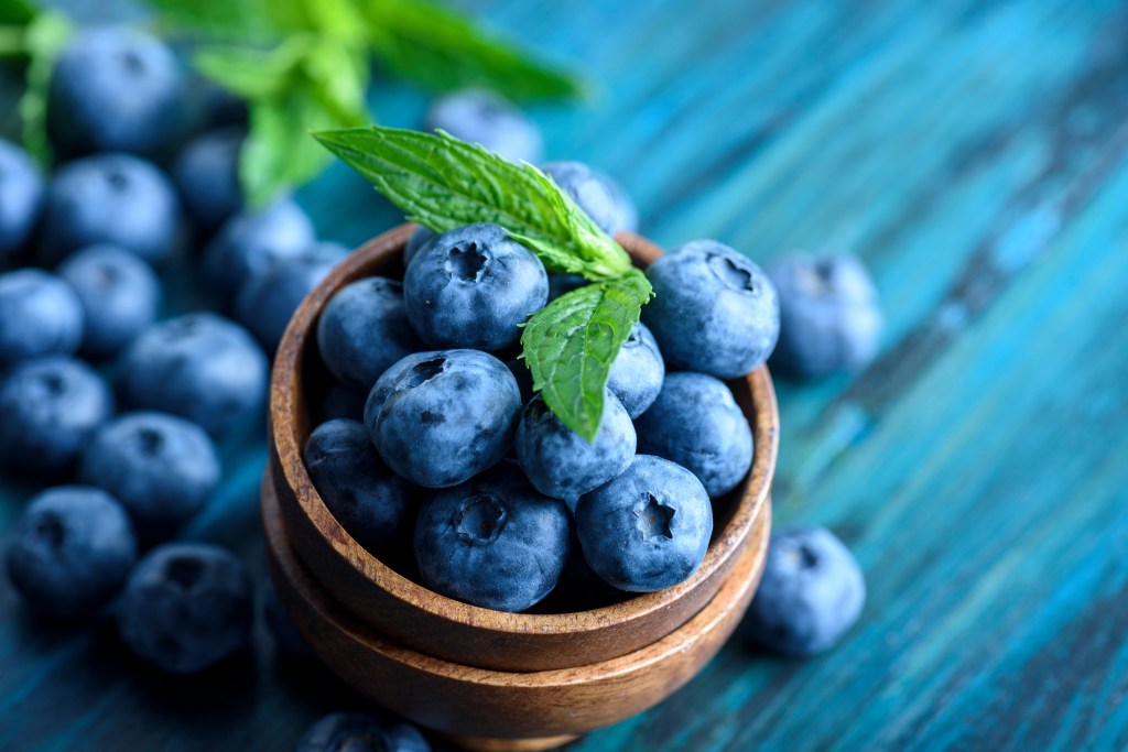 Bowl of fresh blueberries with leaves on blue rustic wooden table closeup. Healthy organic seasonal fruit background for healthy eating lifestyle.