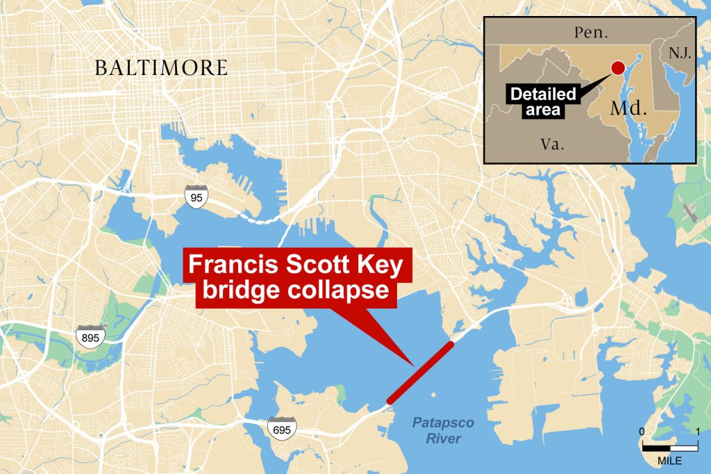 map showing area of baltimore bridge collapse