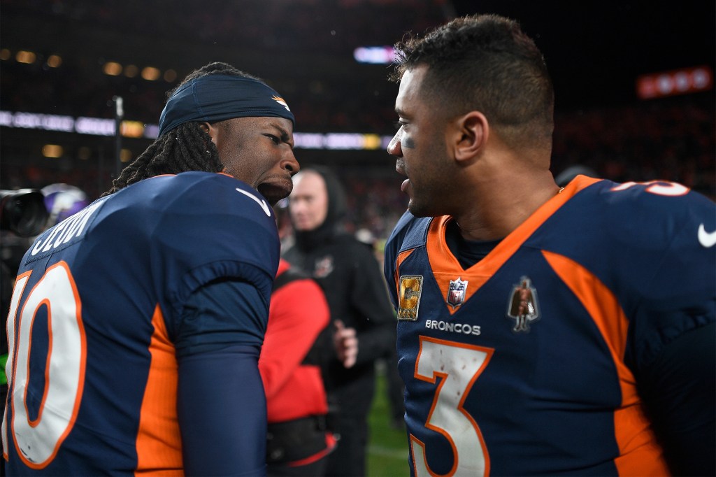 Jerry Jeudy (left) celebrates with Russell Wilson during a Broncos game in November 2023.