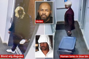 collage of murderer wearing blonde wig