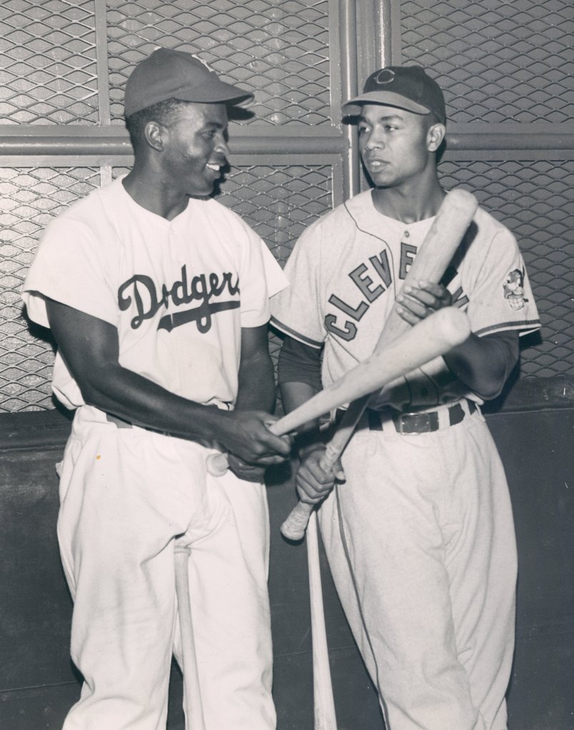 An archival shot of Doby and Jackie Robinson from their glory days.