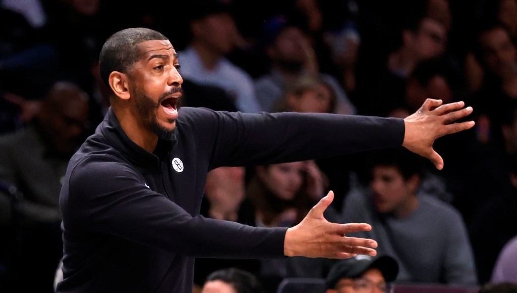 Nets interim head coach Kevin Ollie reacts against the Philadelphia 76ers