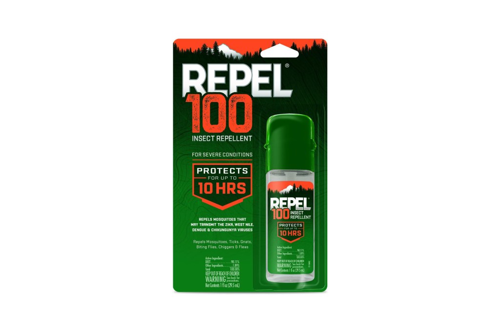 a green and red package with a small bottle of insect repellent bug spray