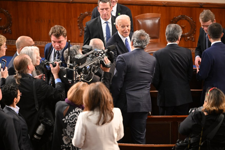 US President Joe Biden greets members of Congress after delivering the State of the Union address in the House Chamber of the US Capitol.