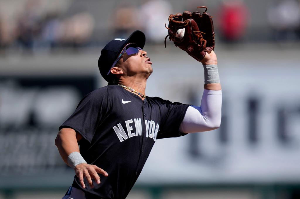 New York Yankees third baseman Oswaldo Cabrera catches a fly ball hit by Detroit Tigers's Akil Baddoo in the first inning of a spring training baseball game Saturday, Feb. 24, 2024, in Lakeland, Fla.