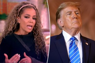 Sunny Hostin and a man standing in front of a backdrop, Sunny appears inquisitive. Donald Trump is not present in the image.