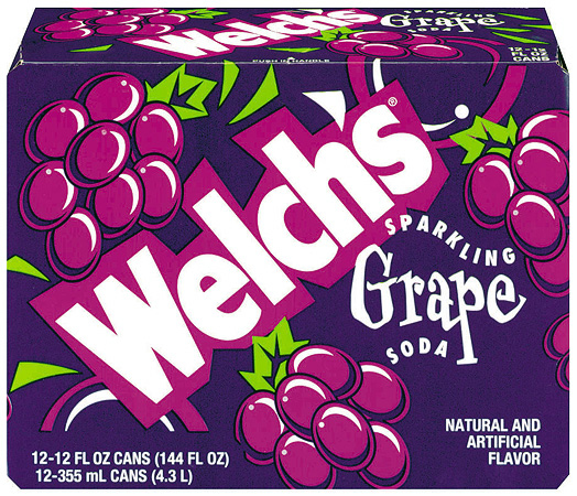 A carton of Welch's grape soda, purple in color.