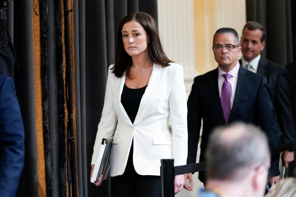 Cassidy Hutchinson, former aide to Trump White House chief of staff Mark Meadows, arrives to testify as the House select committee investigating the Jan. 6 attack on the U.S. Capitol holds a hearing at the Capitol in Washington, Tuesday, June 28, 2022.