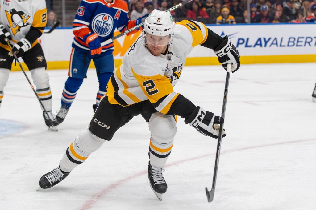 Chad Ruhwedel #2 of the Pittsburgh Penguins skates during the game against the Edmonton Oilers.