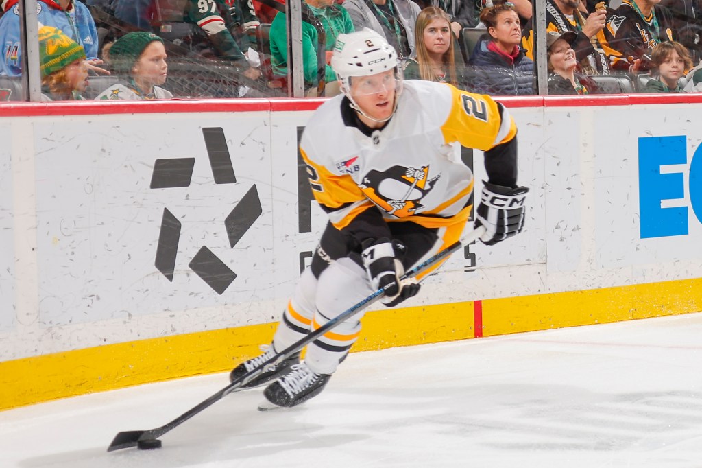 Chad Ruhwedel, Pittsburgh Penguins player in action against the Minnesota Wild in the Xcel Energy Center.