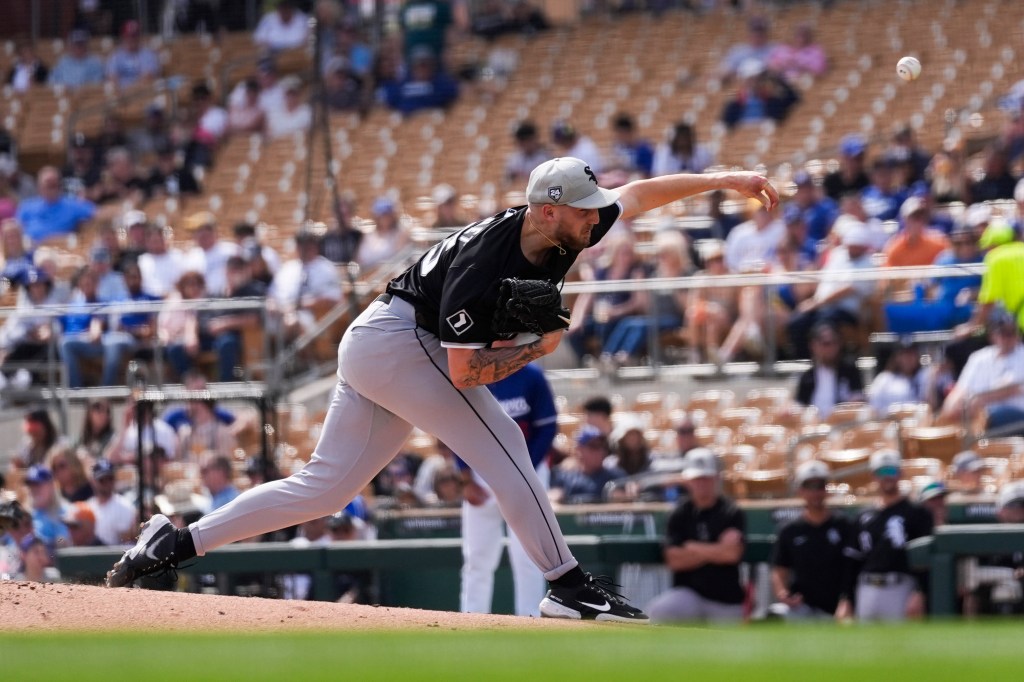 Garrett Crochet throws during the second inning of a spring training baseball game against the Los Angeles Dodgers.