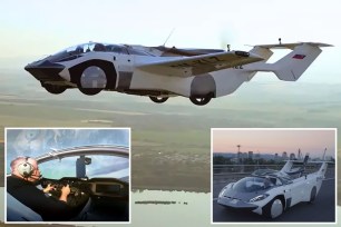 BMW-powered AirCar, a Slovakian-designed flying car, successfully test-flown in Europe and purchased by a Chinese firm, with retractable wings and a telescoping tail