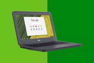 A laptop with a green background.