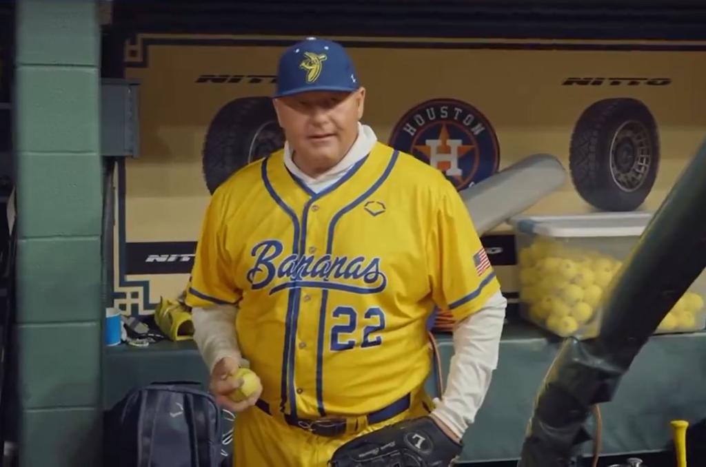 Roger Clemens in the Astros dugout on Saturday waiting to pitch for the Savannah Bananas.