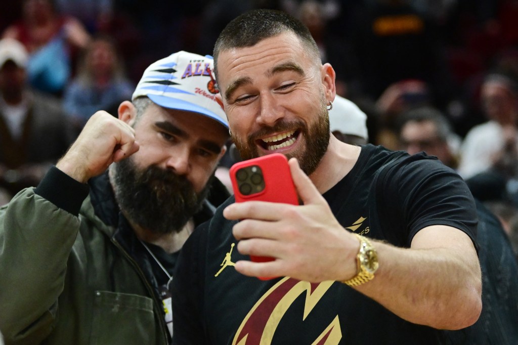 Jason Kelce and Travis Kelce during the Cavaliers game on March 5, 2024.