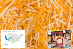 Close view of a shredded white cheddar, sharp cheddar and mild cheddar cheeses. Sargento cheeses and map of listeria outbreak