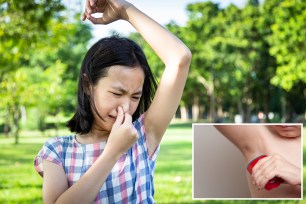 Tennaged girl smelling armpit and holding nose, disgusted; inset of person putting on deodorant.