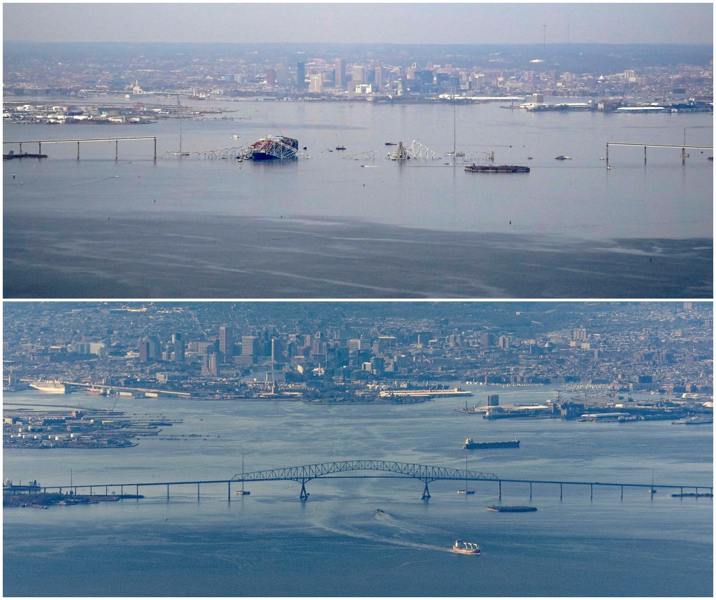 Combination picture showing the Dali cargo vessel which crashed into the Francis Scott Key Bridge causing it to collapse on March 26, 2024 (top) and a ship sailing under the Francis Scott Key Bridge, in Baltimore, Maryland, U.S., March 24, 2024. 