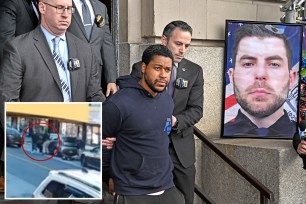 Lindy Jones being escorted by police during perp walk, connected to the murder of NYPD officer Jonathan E. Diller