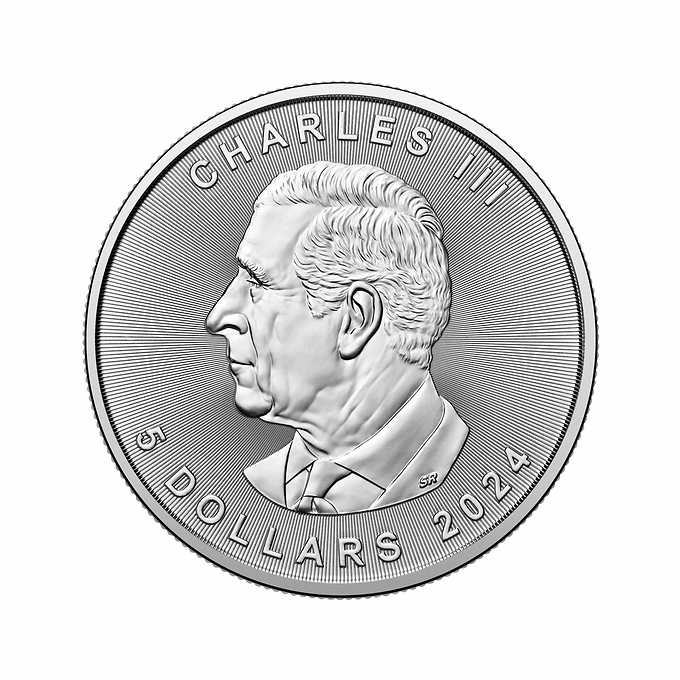 The front of the coin shows an image depicting a maple leaf while the back displays a likeness of King Charles III.