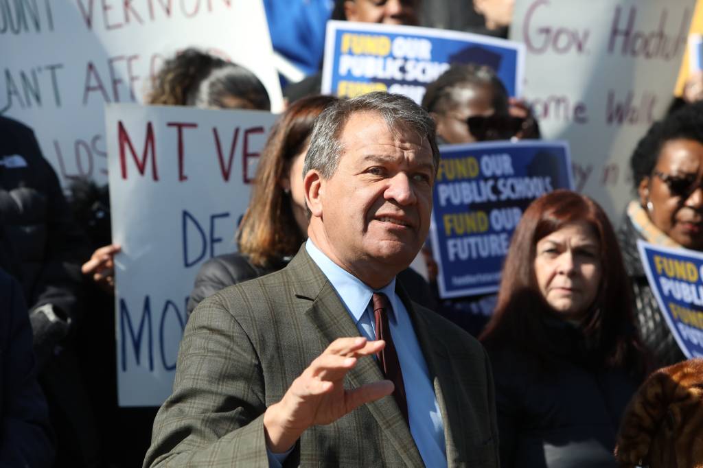 George Latimer at a rally against state foundation aid cuts to schools in Mount Vernon, NY.