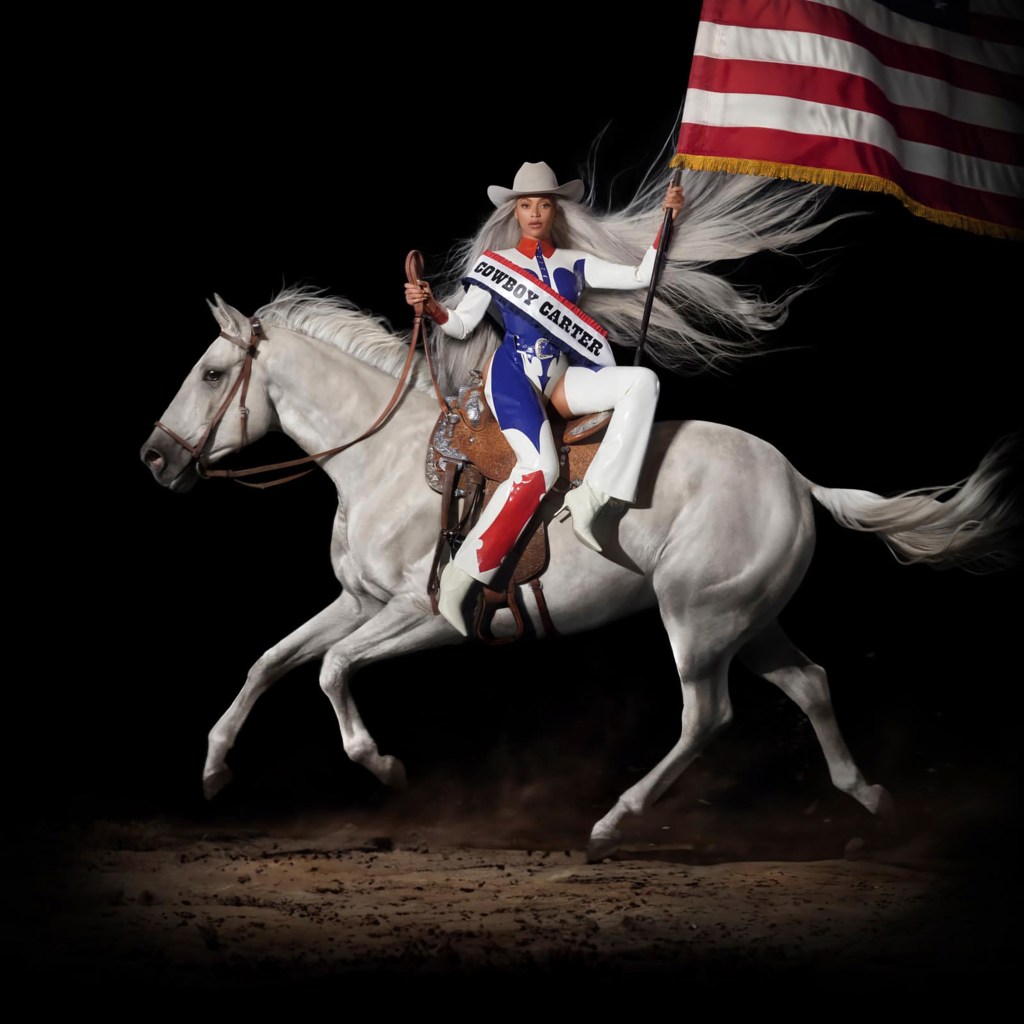 "Cowboy Carter" album cover, showing Beyoncé on a white horse