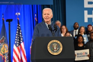 President Joe Biden delivering remarks at a Biden-Harris campaign event at Strath Haven Middle School in Wallingford, Pennsylvania.