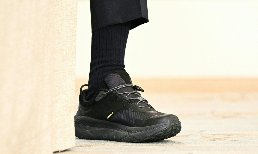 Close-up of black shoes worn by US President Joe Biden during his meeting of the Competition Council at the State Dining Room, White House.