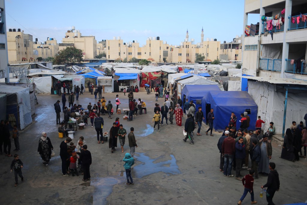 Palestinians at a UNRWA school housing people displaced by the war in Rafah in the Gaza Strip on March 4, 2024.