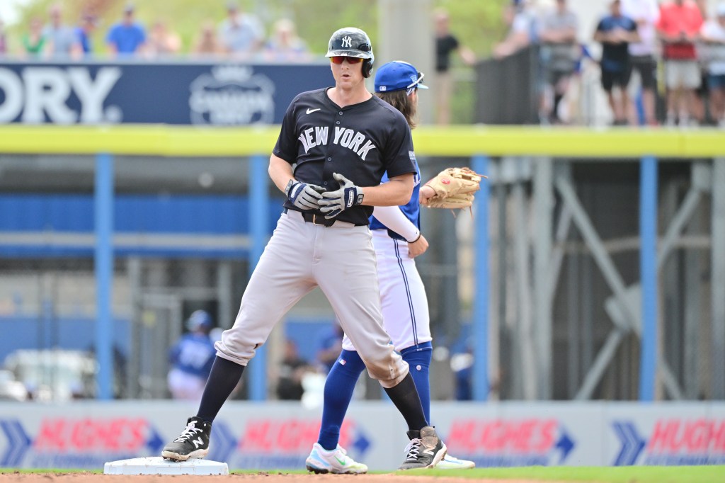 DJ LeMahieu reacts after hitting an RBI double in the third inning against the Toronto Blue Jays.