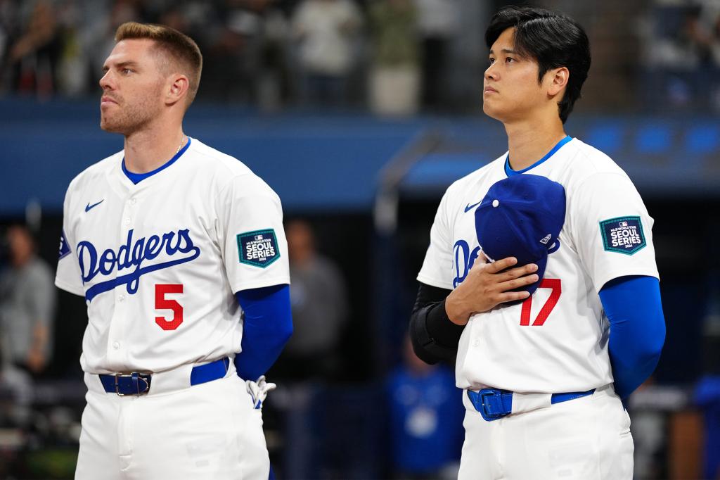 Freddie Freeman and Shohei Ohtani before a Dodgers game against Team Korea on March 18, 2024.