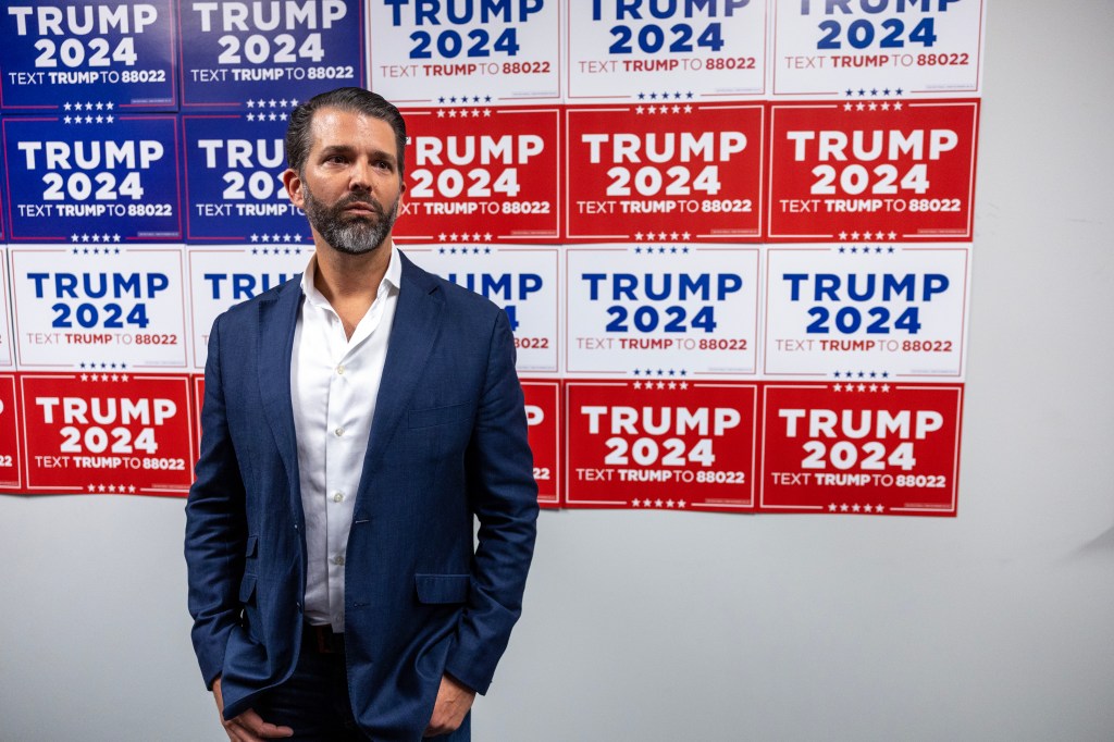 Donald Trump Jr. speaking to the media at his father's rally in Charleston, South Carolina