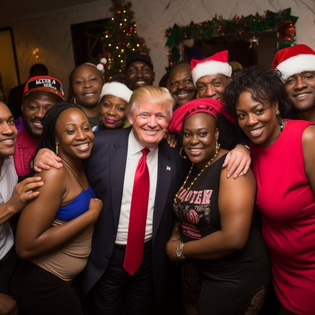 This AI-generated photo shows trump with a group of black voters at a Christmas party and was shared by a popular conservative radio host in Florida. 